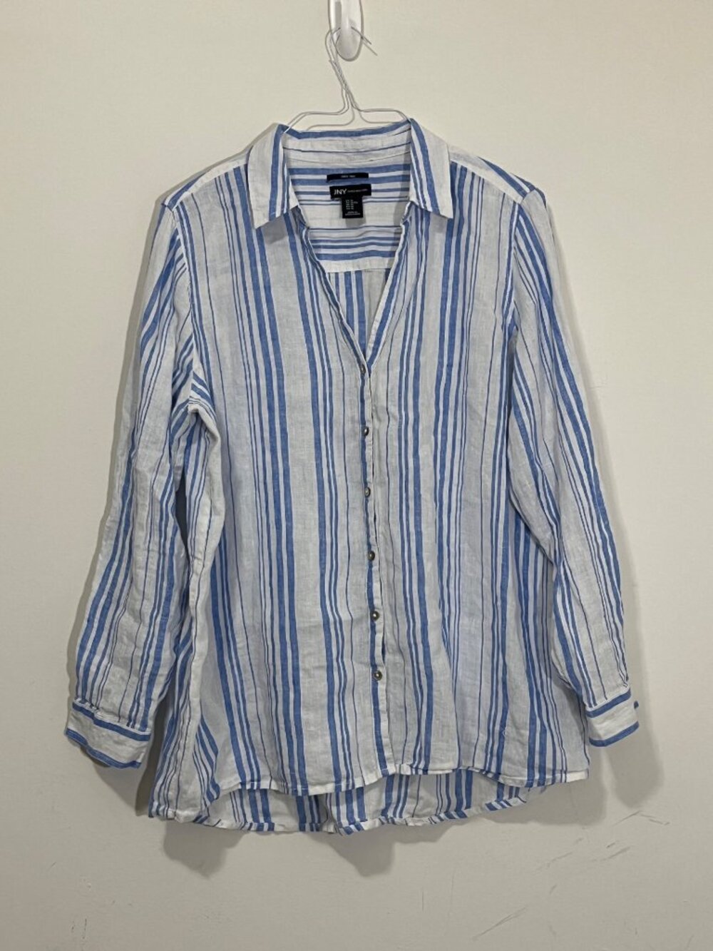 Jones New York 100% Linen Striped Roll Tab Button Up Shirt Blue White XL Coastal
